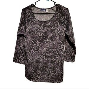 Basic Editions Black & Gray Animal Print Top 3/4 Sleeve Zebra Leopard Size M